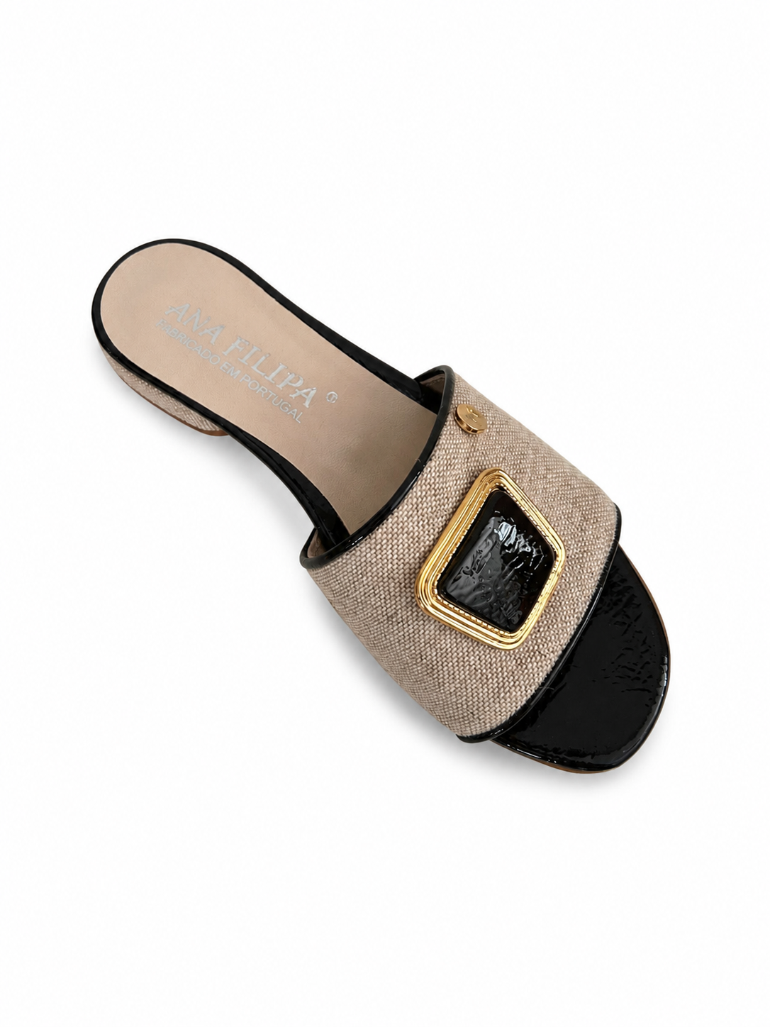 Chinelo Preto e Bege com Detalhe Dourado