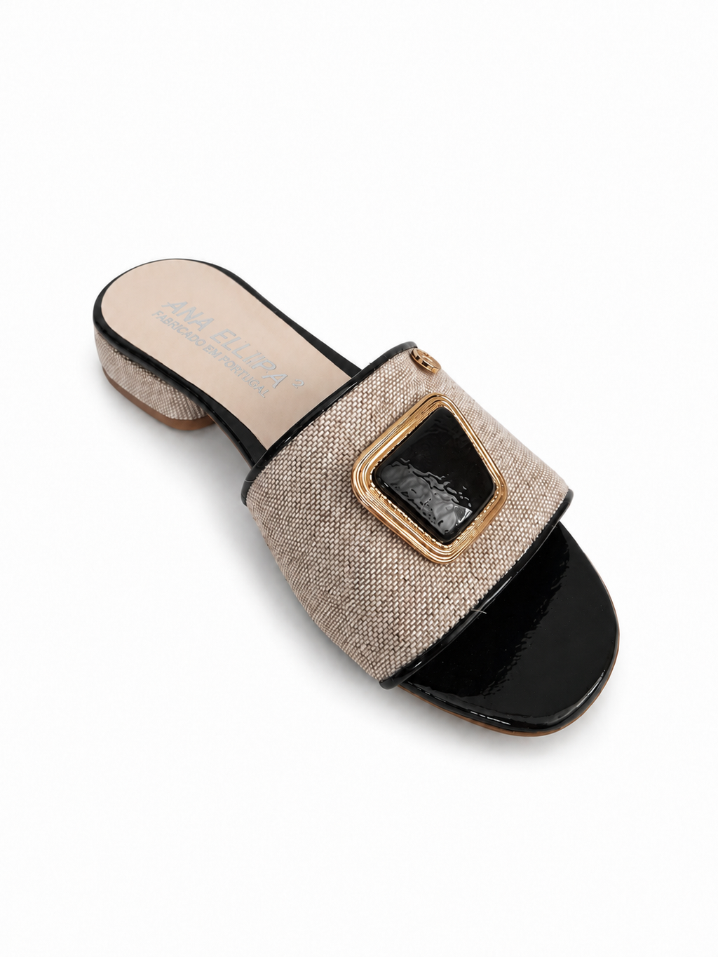 Chinelo Preto e Bege com Detalhe Dourado